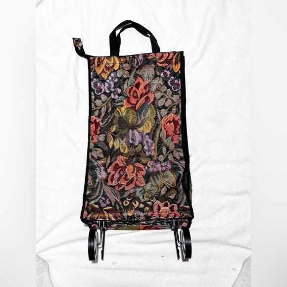 Vintage-Style Floral Tapestry Rolling Cart Tote with Wheels - Picture 2 of 10